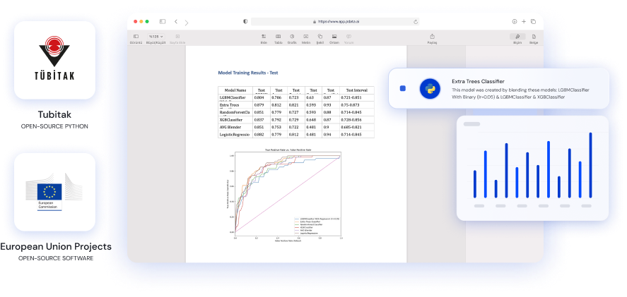 In the image, there is an analysis in the field of academia and the logo of a Tubitak and European Union project
