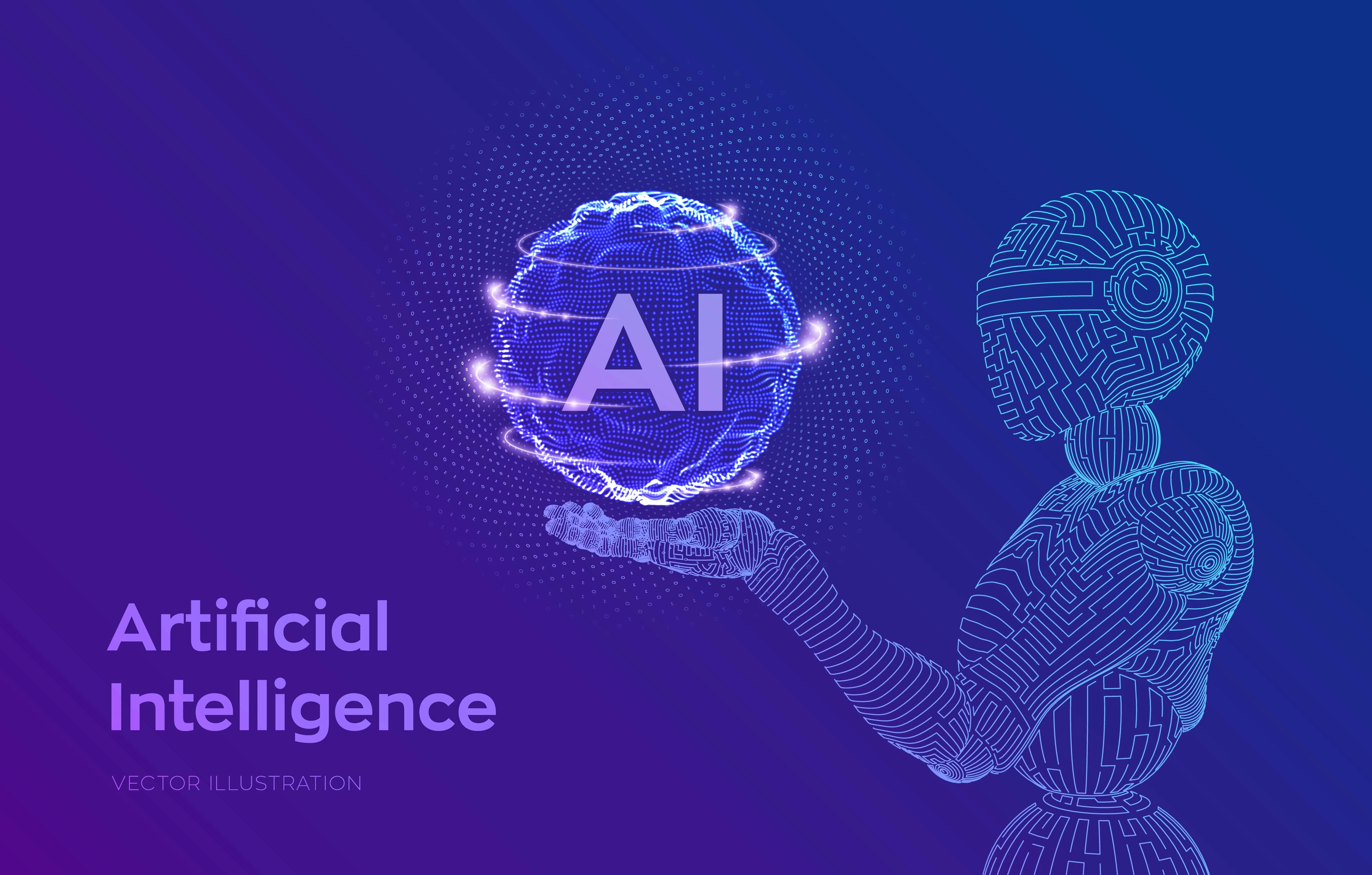 yapay zeka yazılı bir küreyi tutan bir robot